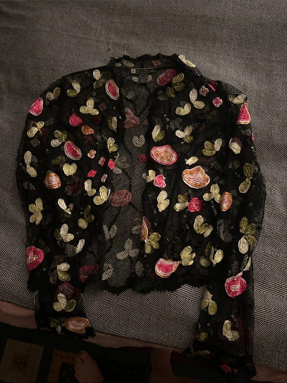 JS Collections Black Sheer Embroidered Floral Jacket with Pink and Green Accents